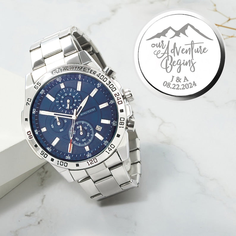 Personalized Engraved Stainless Steel Chronograph Watch – Custom Message Keepsake Gift for Men