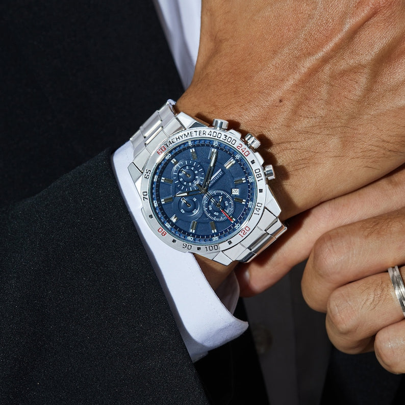 Personalized Engraved Stainless Steel Chronograph Watch – Custom Message Keepsake Gift for Men