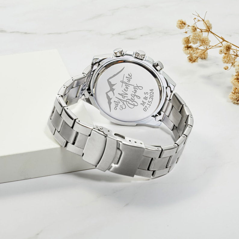 Personalized Engraved Stainless Steel Chronograph Watch – Custom Message Keepsake Gift for Men